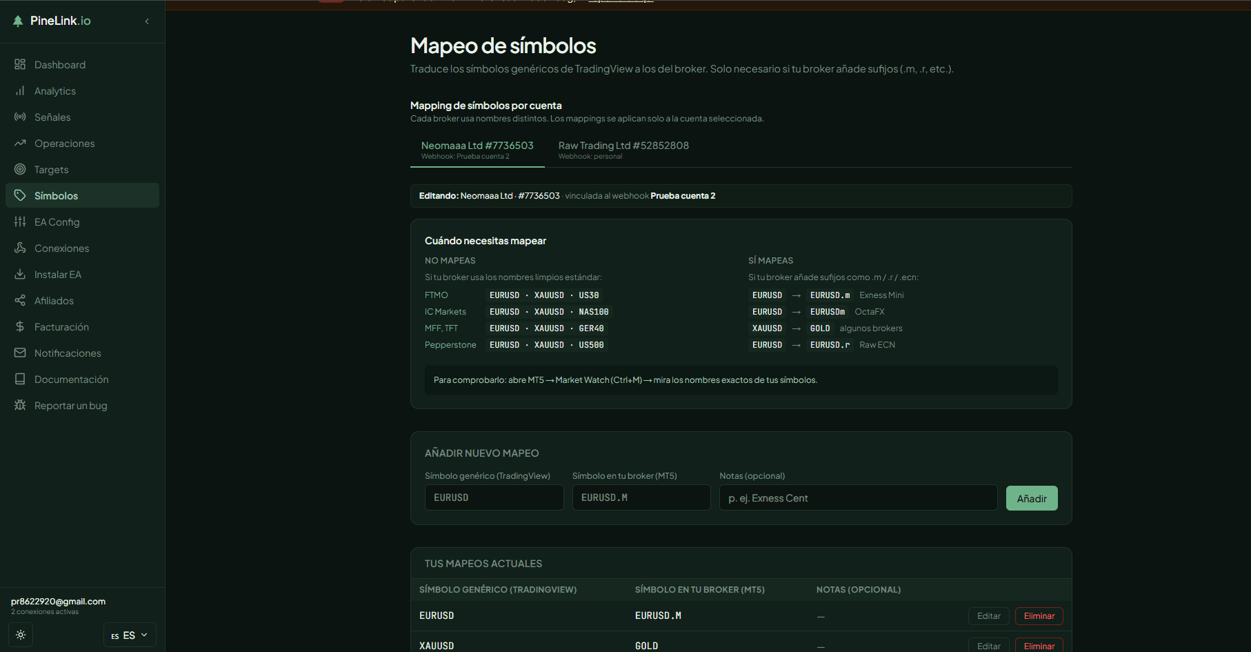 Pantalla de mapping de símbolos con dos mappings configurados