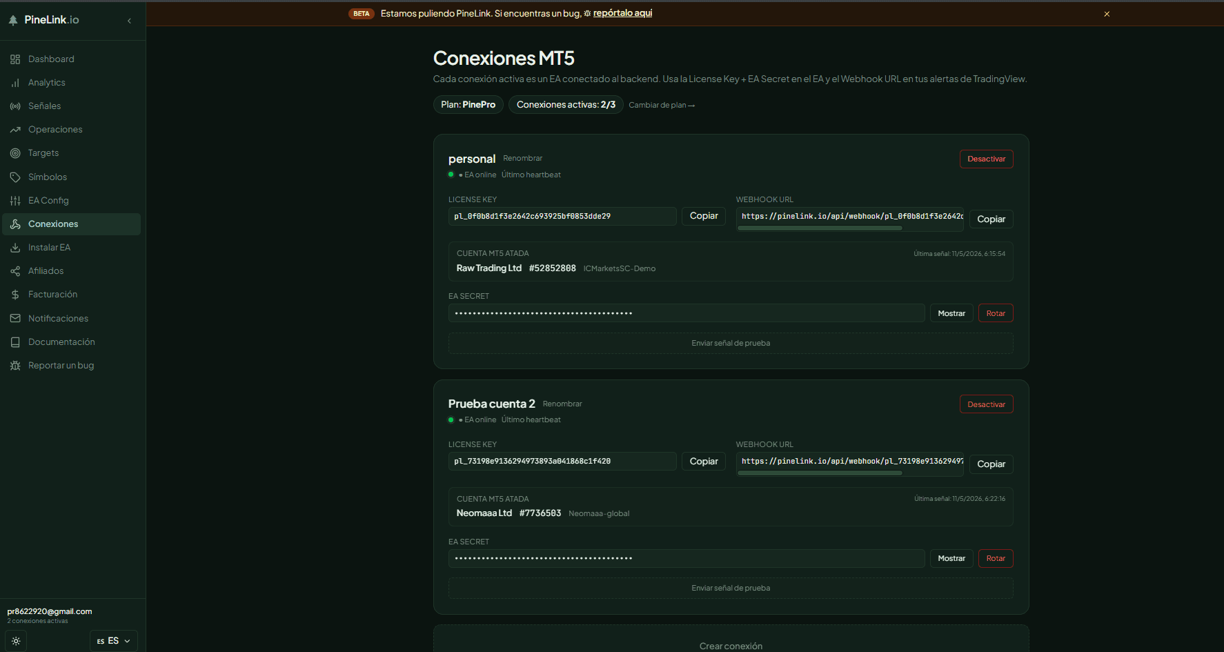 Pantalla /connections con dos conexiones activas