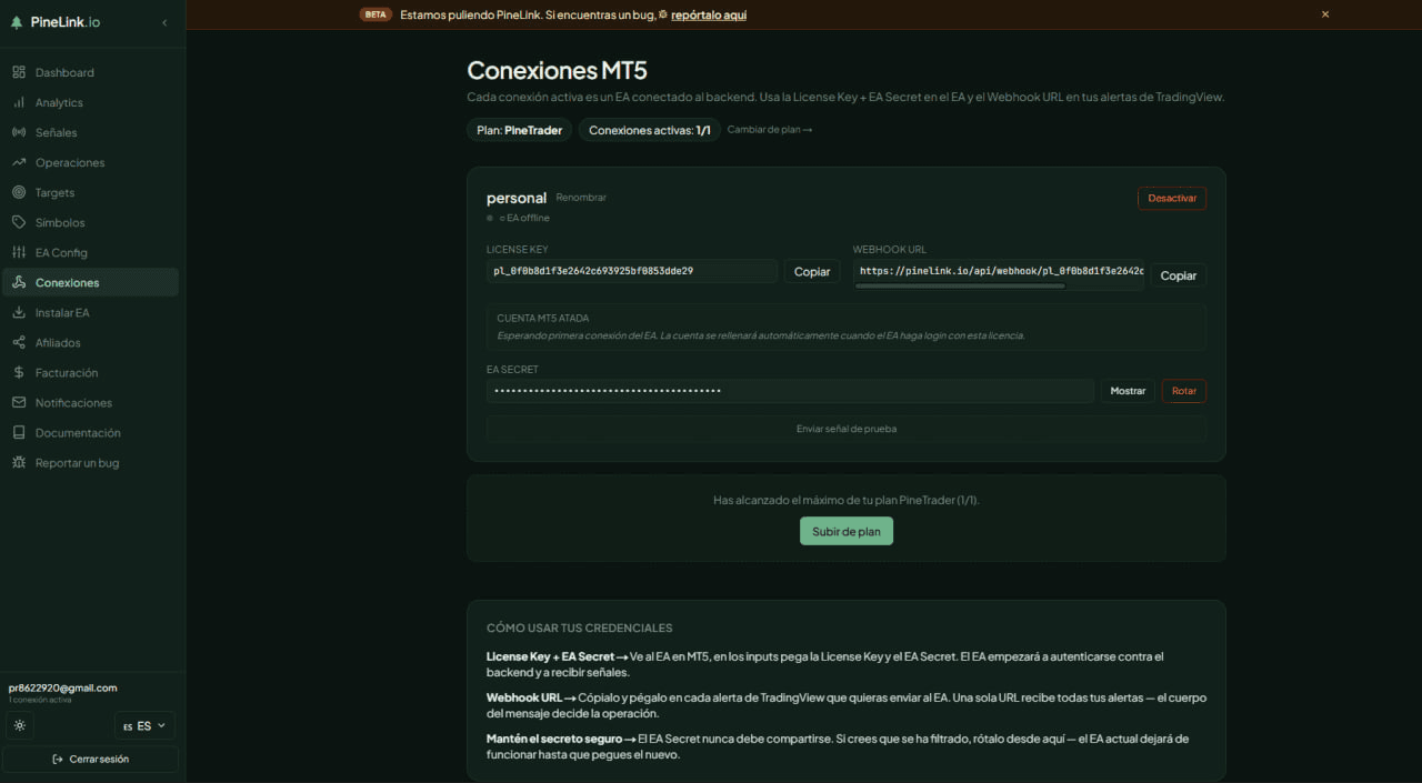 Pantalla de conexión recién creada con webhook URL y secret