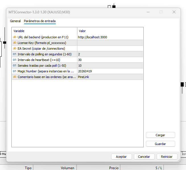 Inputs del EA en MT5